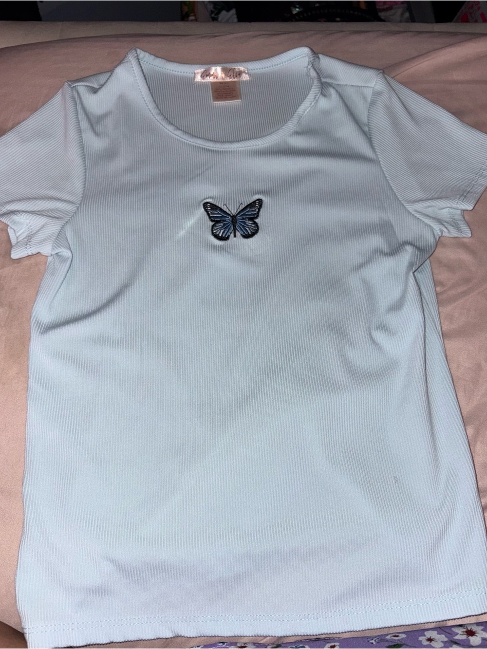Girls Light Blue Ribbed Tee with Blue Butterfly Accent